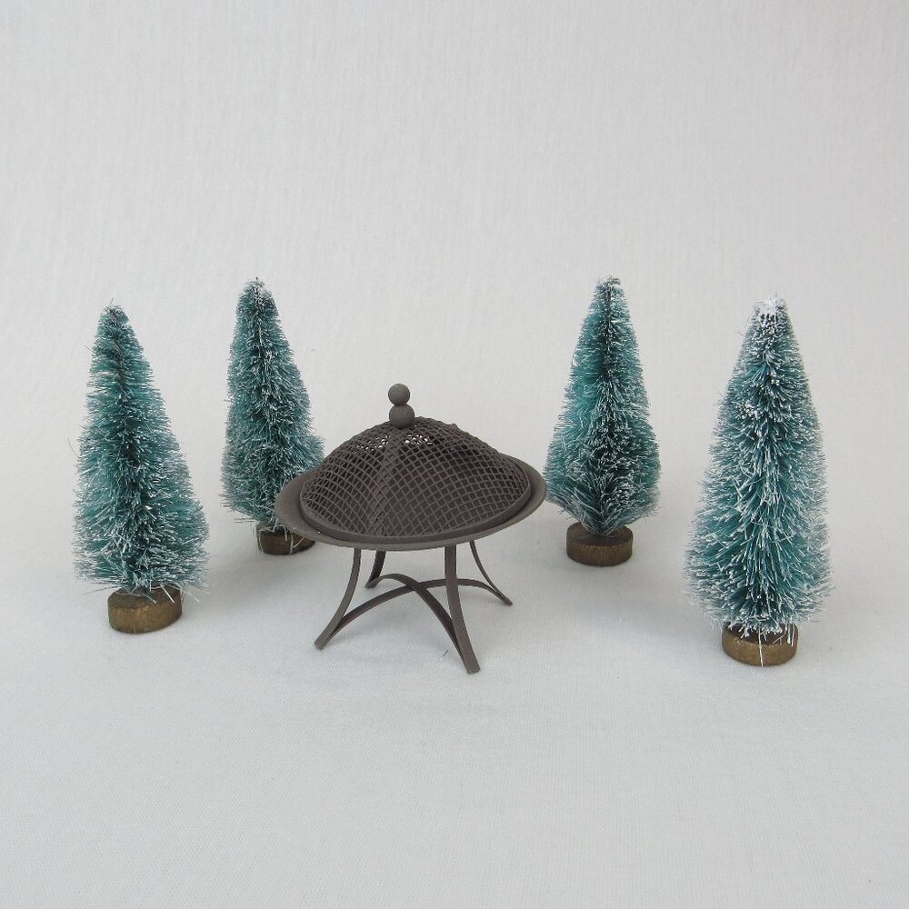 Miniature Fairy Rustic Brown Metal Fire Pit Rustic Attached Lid & Four Trees